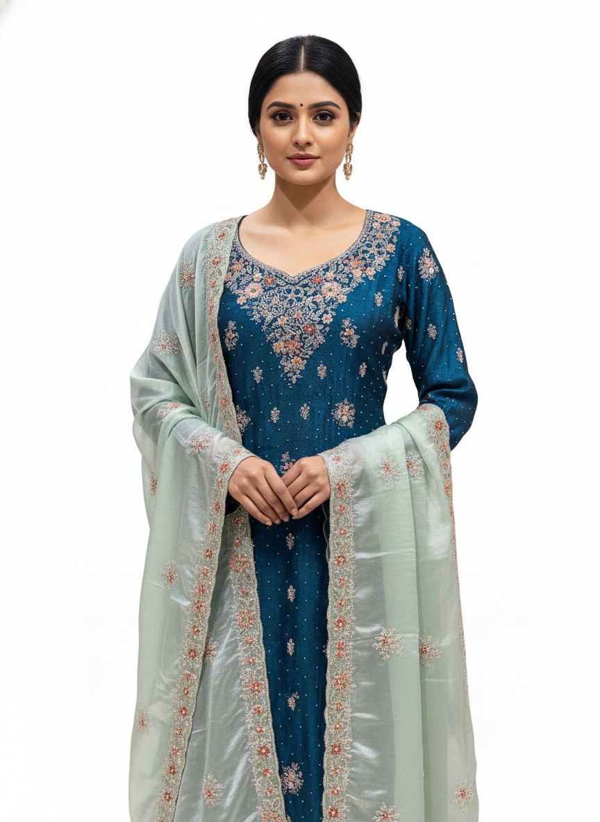 Contrast worked dupatta paired with stylish fendy sharara suit