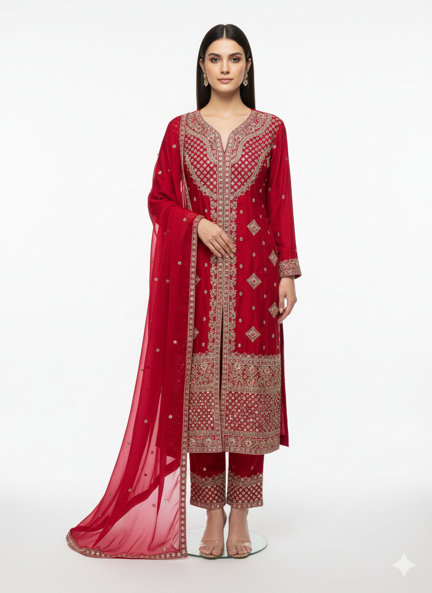 Thread and zarkan embroidery detailing on fendy silk suit