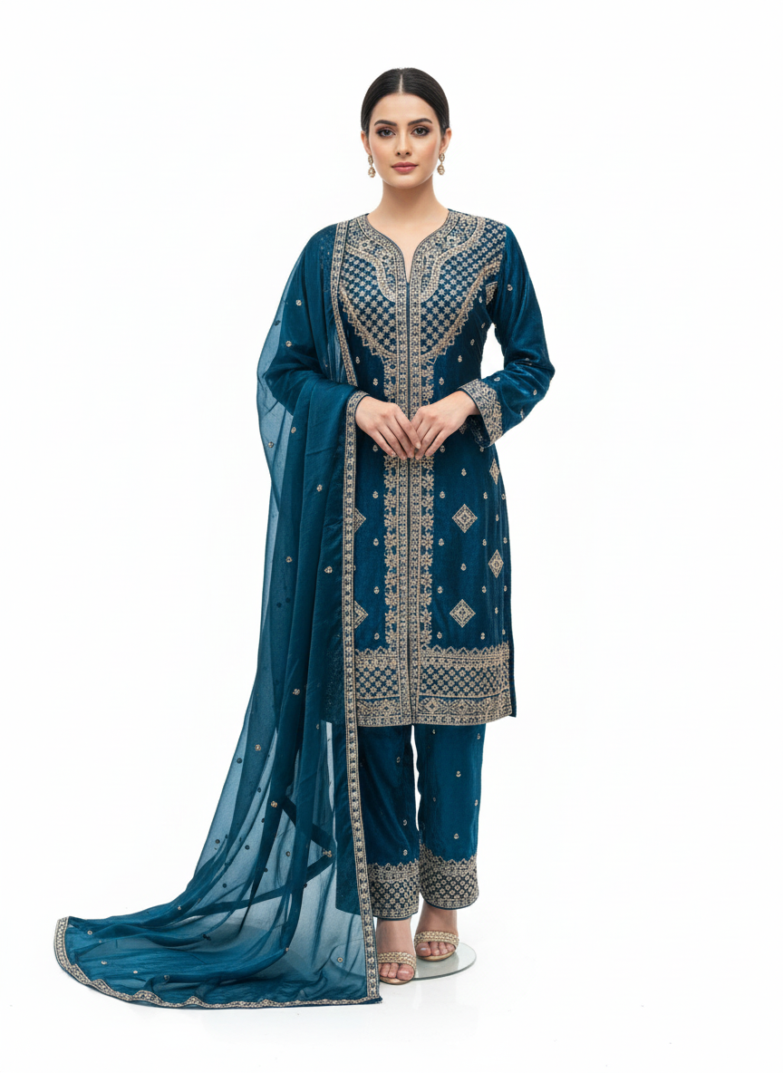 Matching dupatta with delicate work on fendy silk suit set