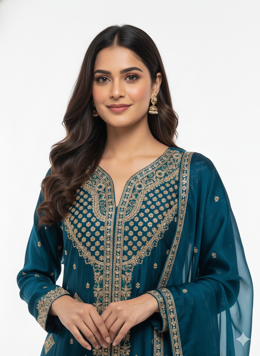 Fendy silk readymade suit with straight pant and worked dupatta