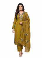 Ladies suit design featuring roman silk fabric with cotton feel finish