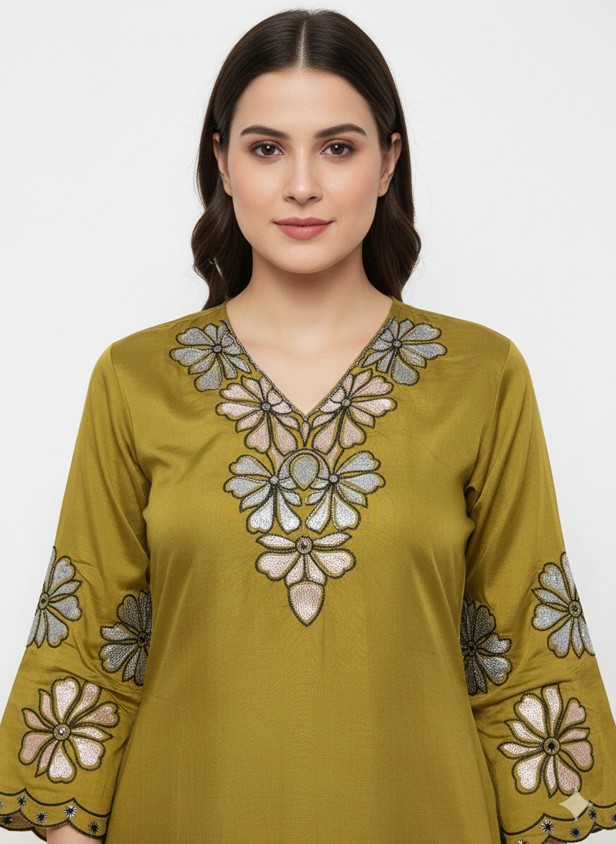 Soft Shine Cotton-Feel Semi-Stitched Suit with Embroidery & Organza Dupatta