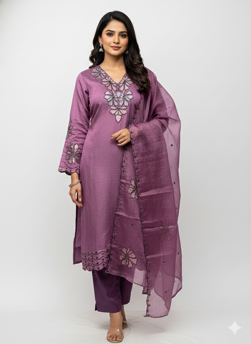 Traditional ladies suit with lightweight organza dupatta