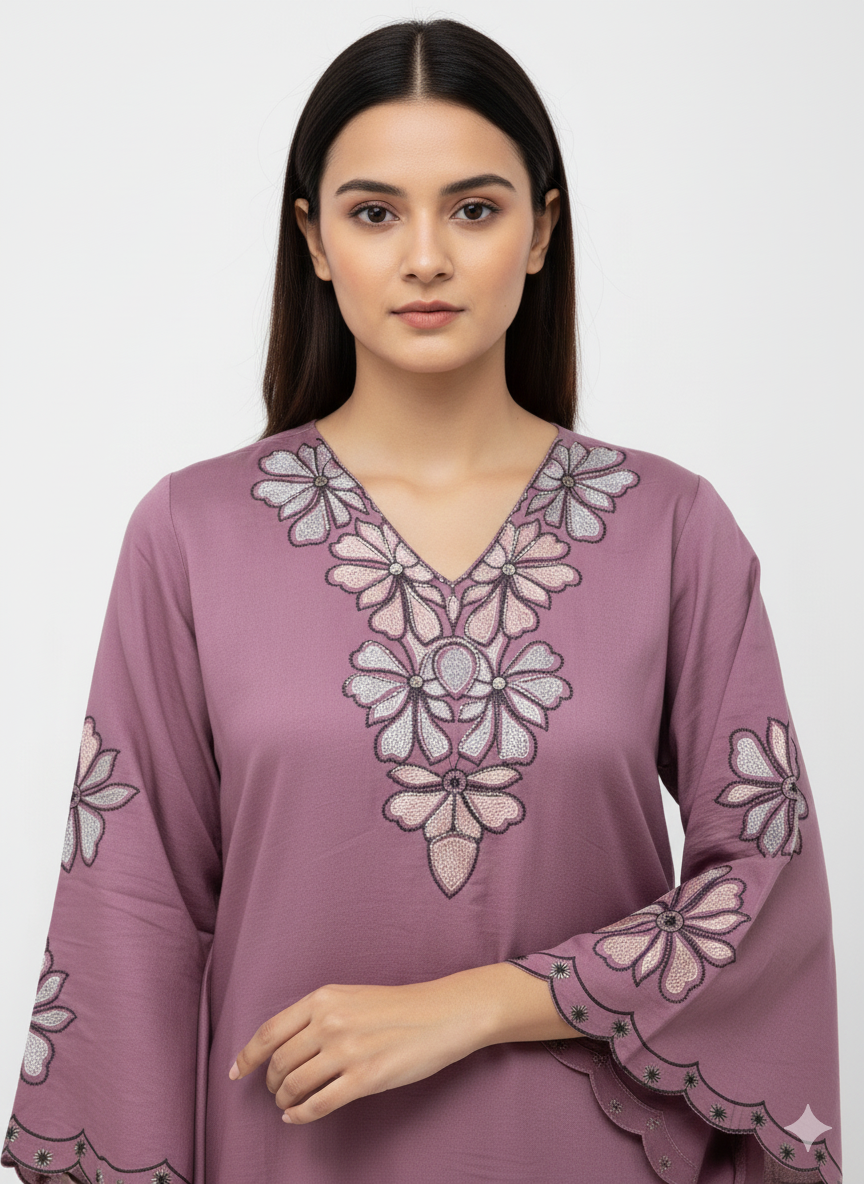 Soft Shine Cotton-Feel Semi-Stitched Suit with Embroidery & Organza Dupatta