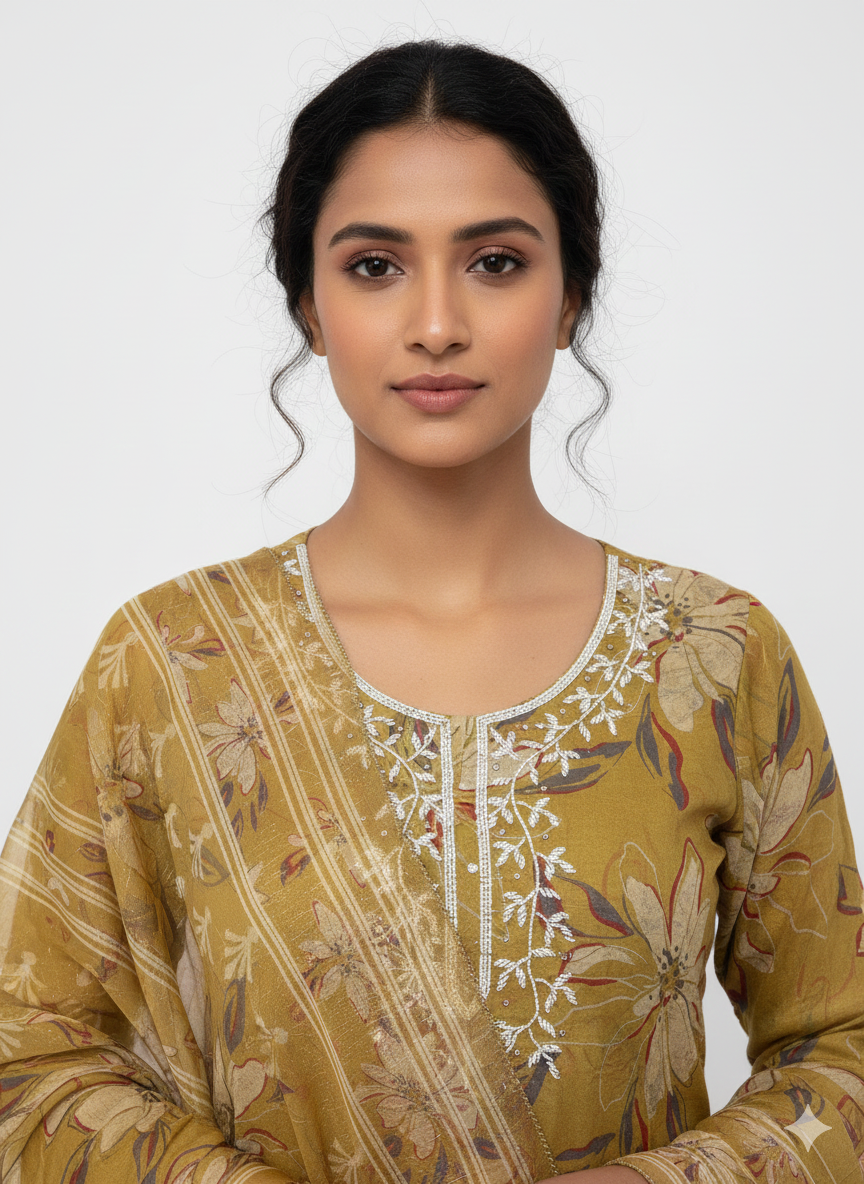 Ladies suit design showcasing soft floral digital print on organza fabric