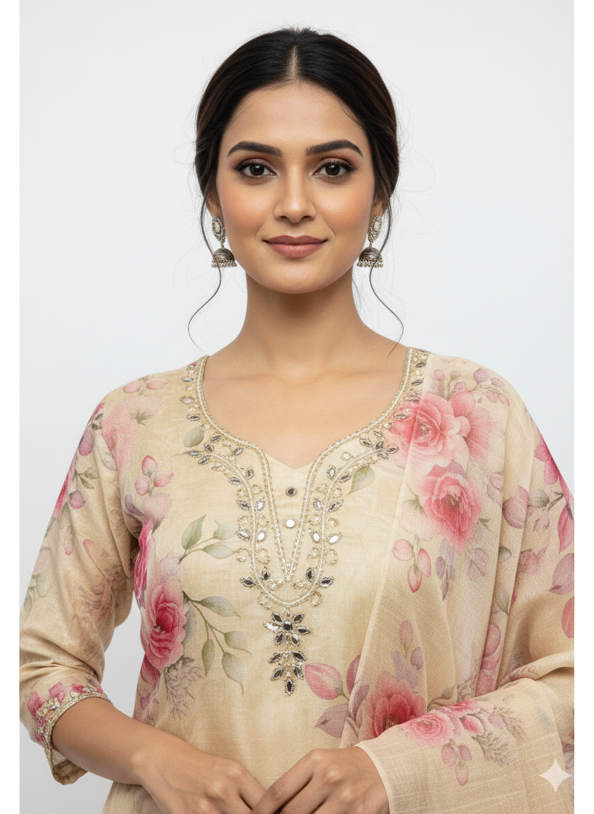 Diamond handwork detailing on printed unstitched suit top