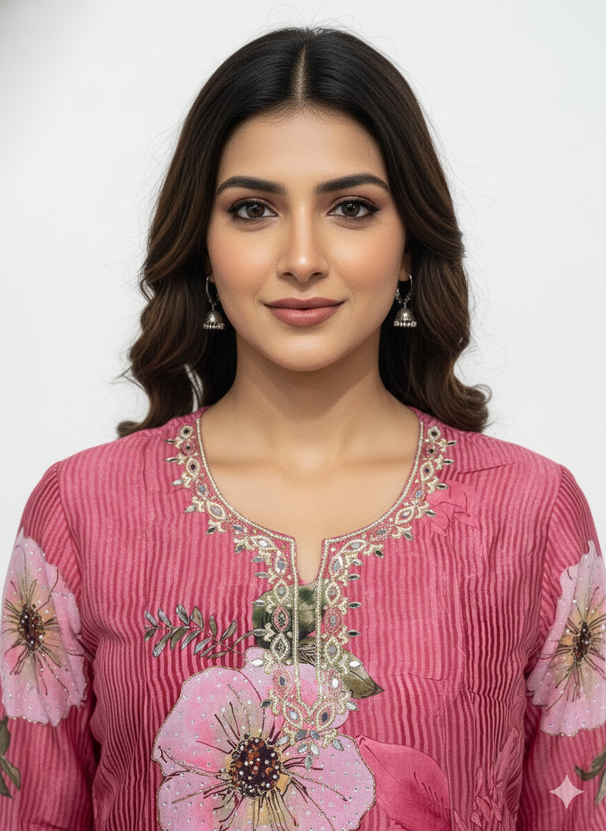 Glass Organza Floral Digital Print Unstitched Suit with Cutdana & Zarkan Handwork