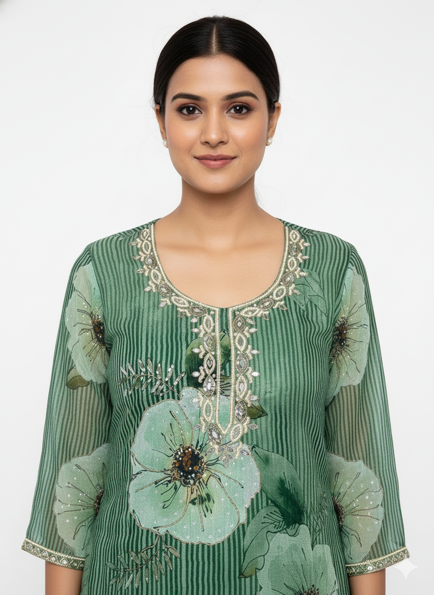 Glass Organza Floral Digital Print Unstitched Suit with Cutdana & Zarkan Handwork