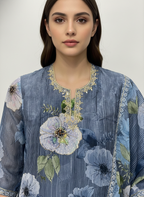 Glass Organza Floral Digital Print Unstitched Suit with Cutdana & Zarkan Handwork