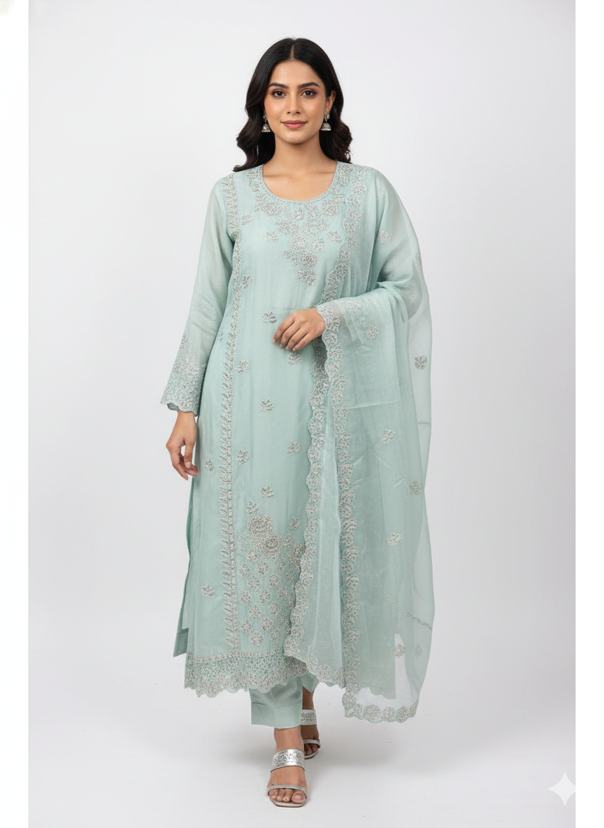 Traditional ladies suit in shimmer organza for festive occasions