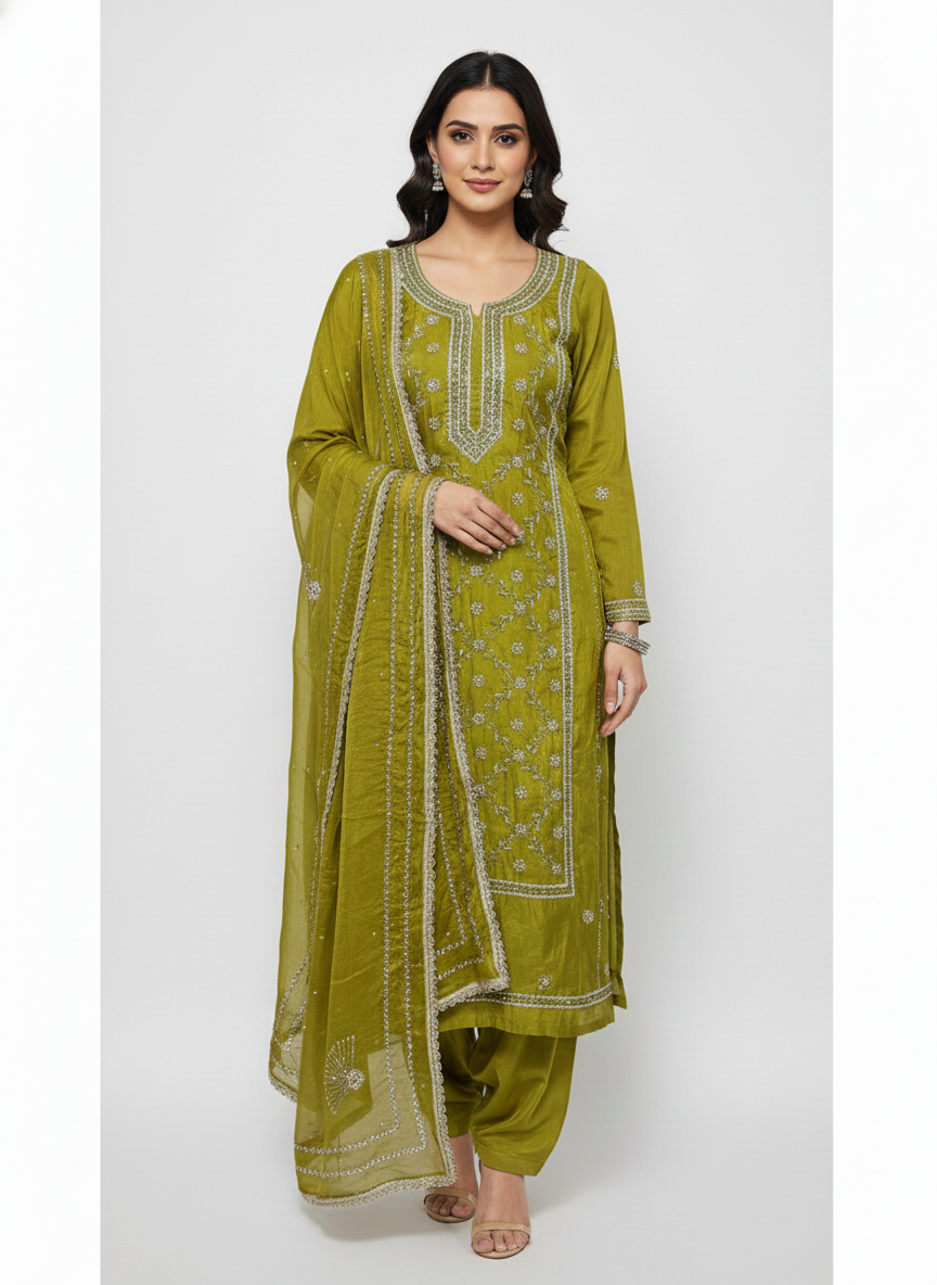 Glass organza unstitched ladies suit with cutdana bead and zarkan handwork