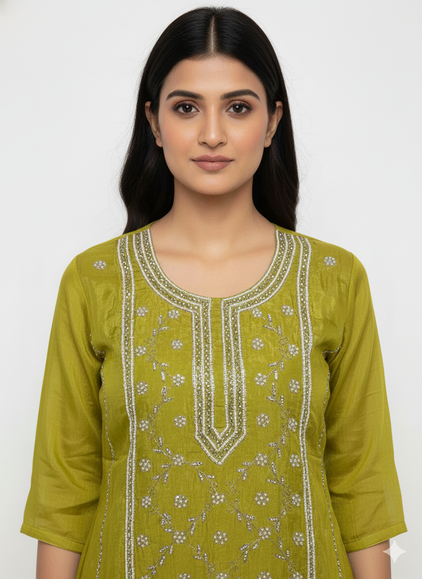 Glass Organza Unstitched Suit with Handcrafted Cutdana, Beads & Zarkan Work