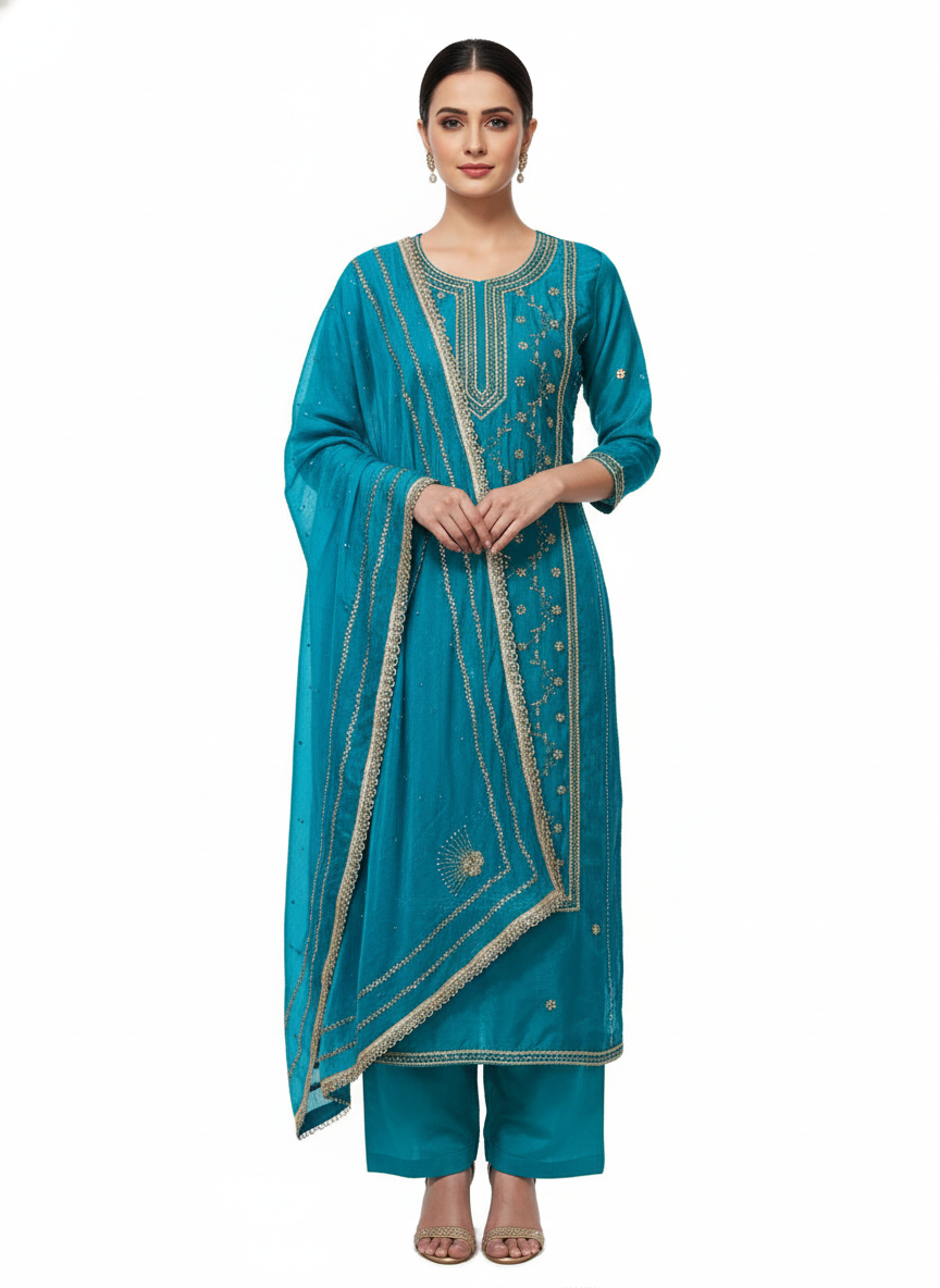 Ladies suit design featuring glass organza fabric with fine handwork