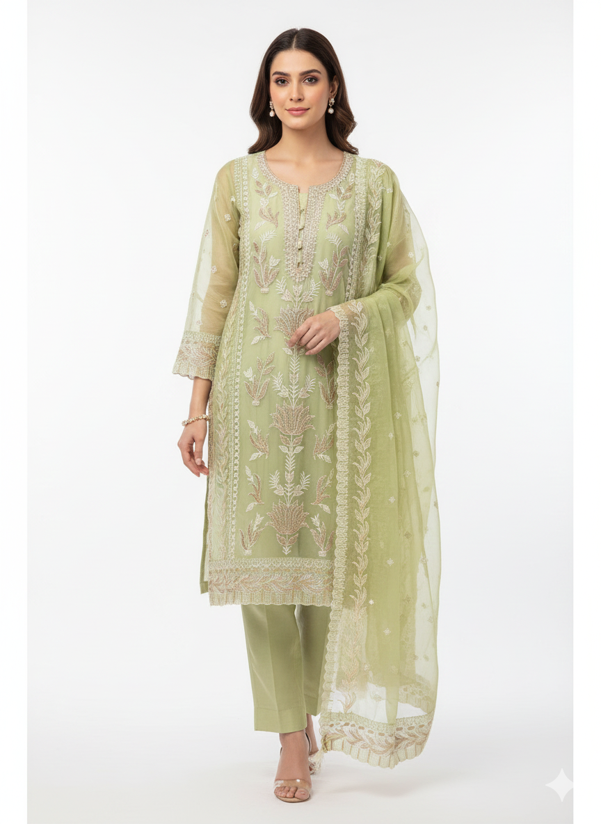Elegant Glass Organza Unstitched Suit Set with Zari & Zarkan Work