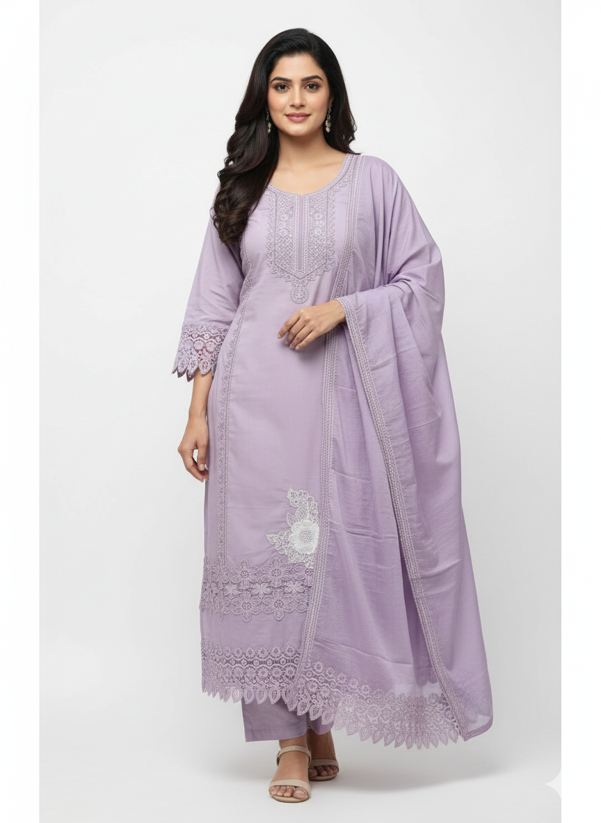 Ladies suit design highlighting delicate lace detailing on roman silk top