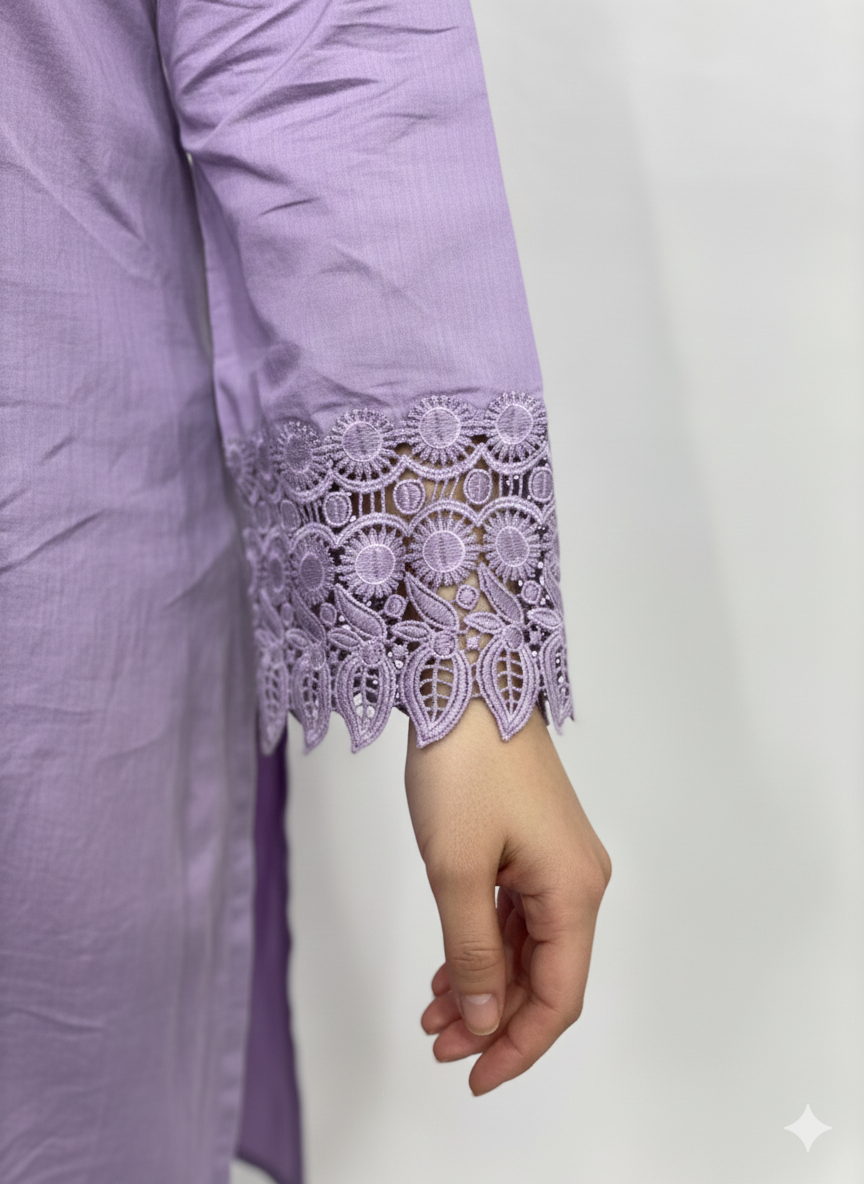 Roman silk semi stitched ladies suit with lace work and chiffon dupatta