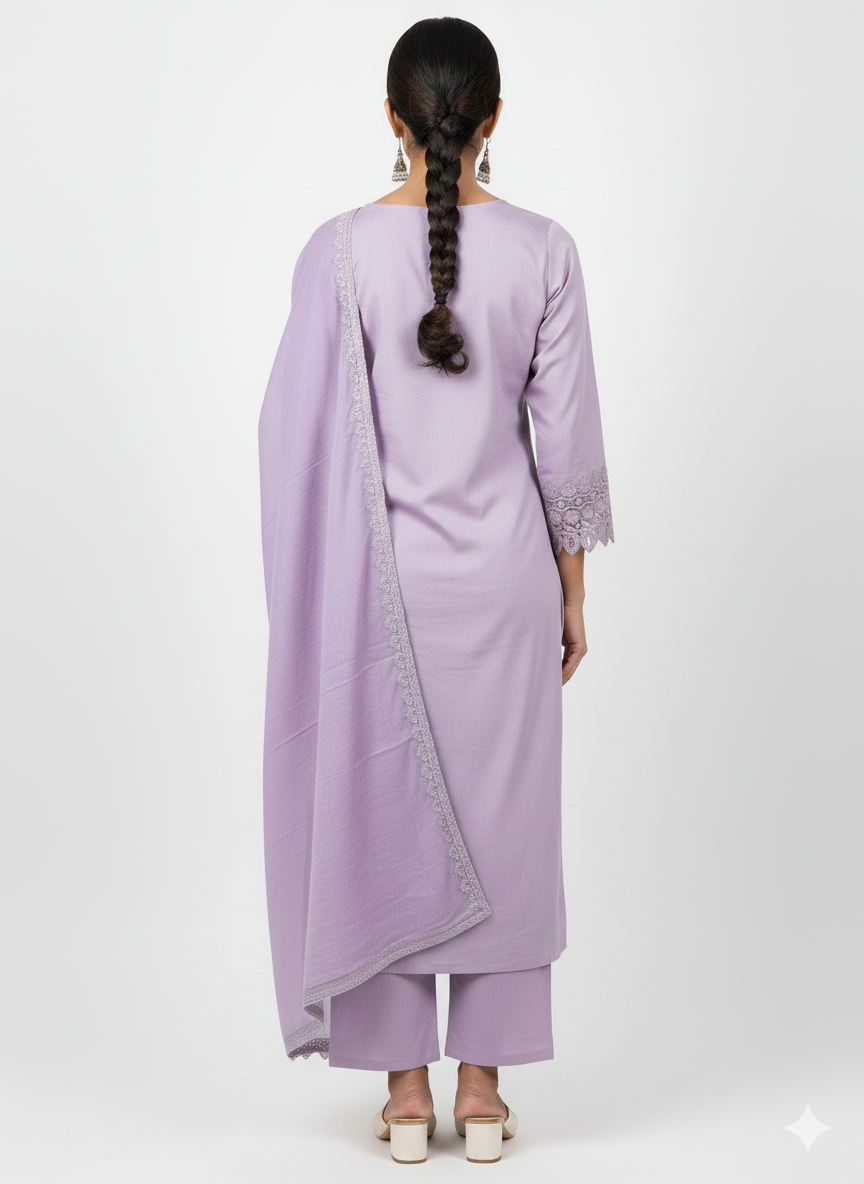 Elegant Roman Silk Semi-Stitched Suit Set with Lace Work & Chiffon Dupatta