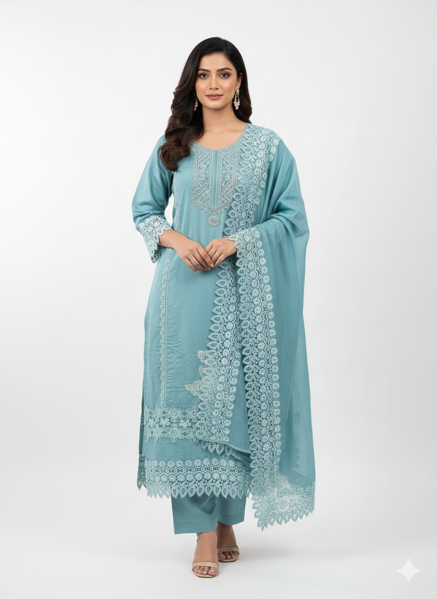 Latest suit trends for ladies roman silk semi stitched suit online
