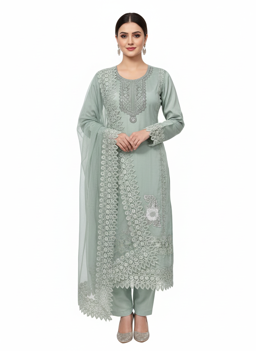 Traditional ladies suit with soft chiffon dupatta for festive wear