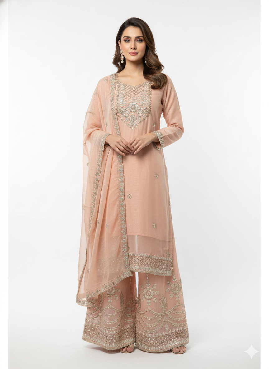 Woman wearing a peach traditional outfit with intricate patterns on a white background