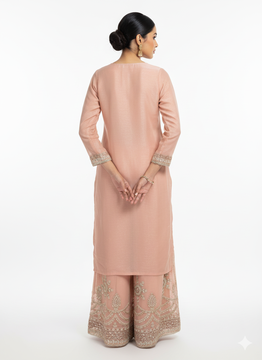 Shimmer Fabric Suit Set with Heavy Embroidered Palazzo & Shimmer Dupatta