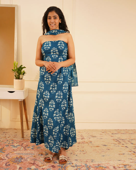 Sara Dabu Print Tube Maxi Dress With Dupatta – Front View | IndiZari