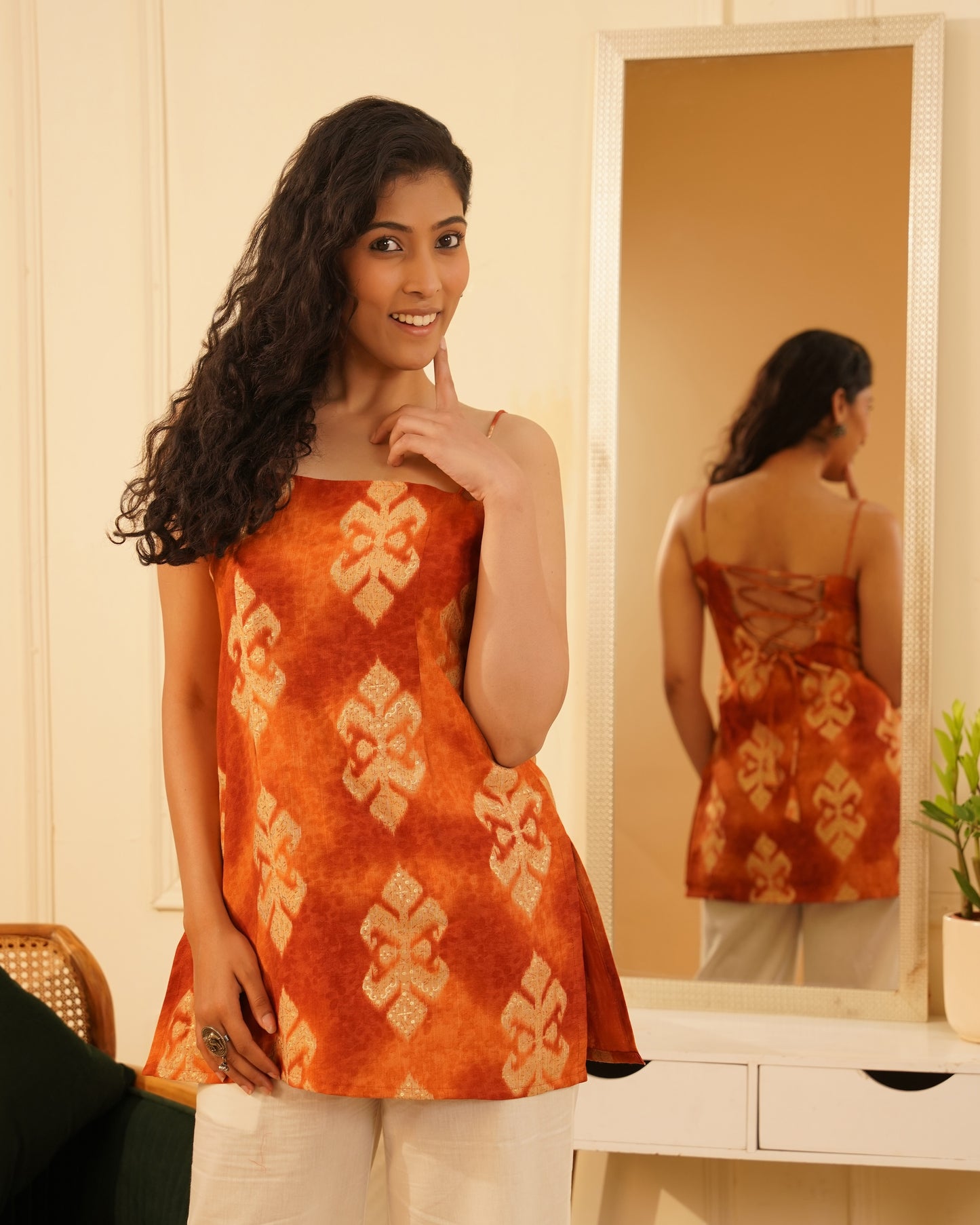 Rhea Ikat Print Short Corset Dress – Front View | IndiZari
