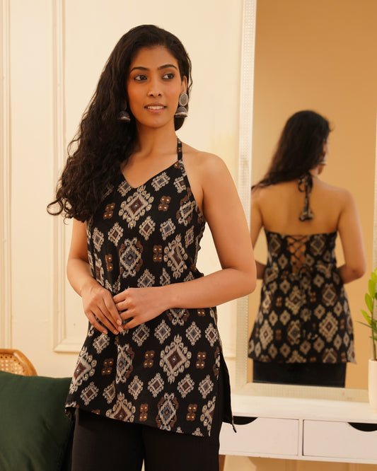 Layla Halter Cord Set With Bottom – Front View | IndiZari