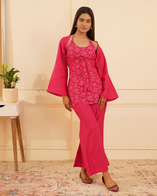 Diva Bandhani 3Pc Dual Wear Set – Front View | IndiZari