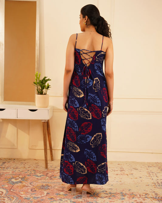 Aayesha Leaf Motif Maxi Corset Dress – Front View | IndiZari