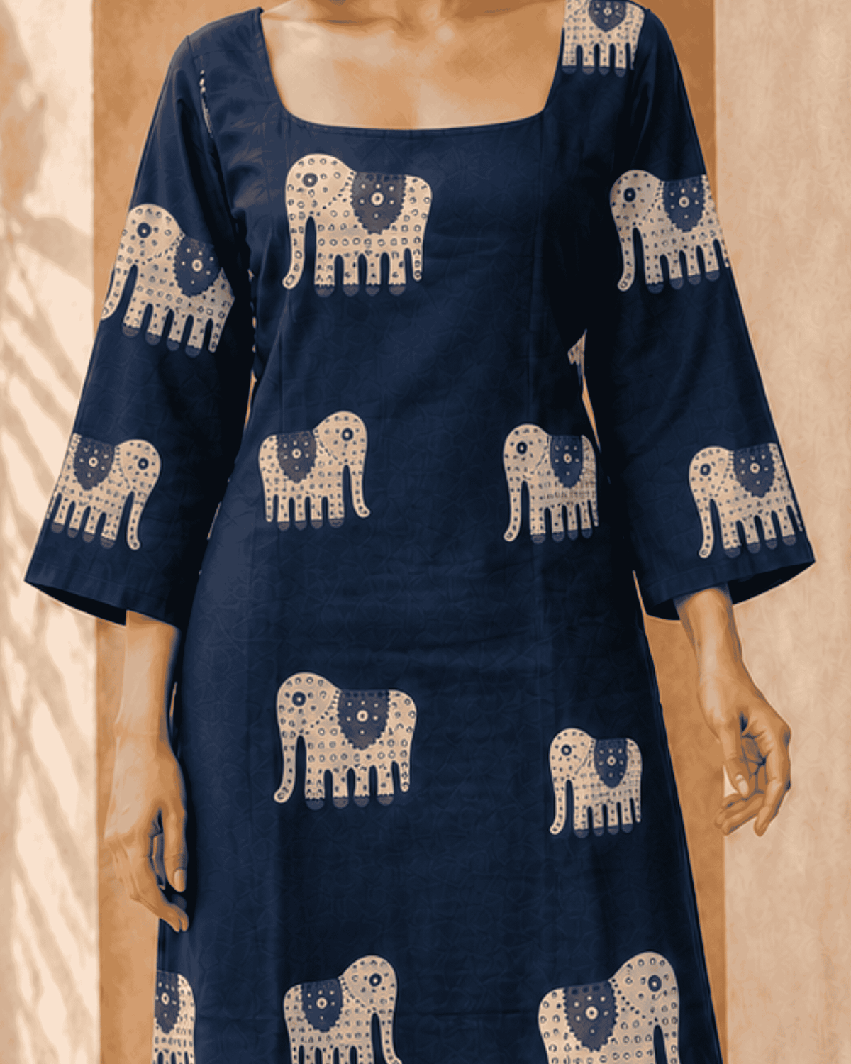 Close detail of the ivory Gajraj elephant block print on indigo cotton blend fabric