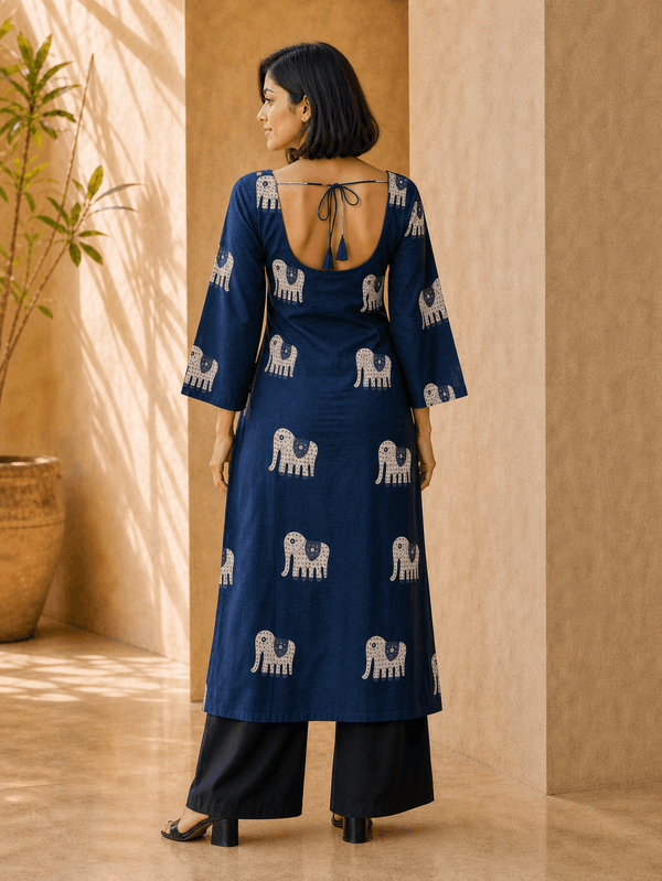 Back view of Neelam indigo Gajraj print long kurti showing the deep open back