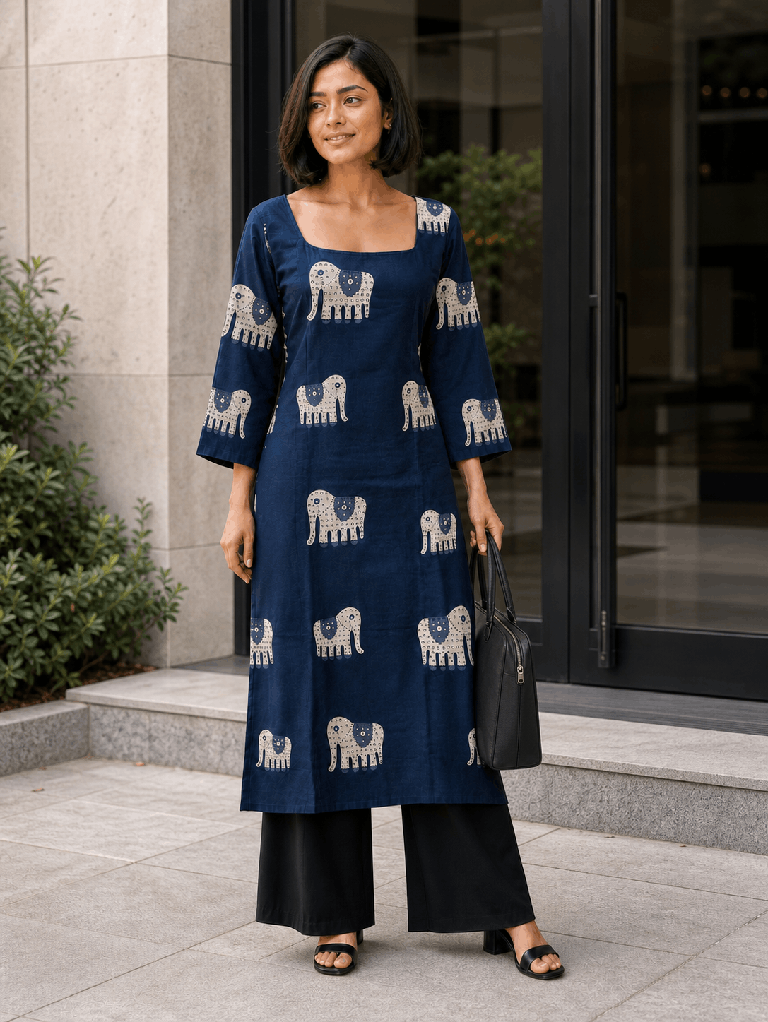 Neelam indigo Gajraj print long kurti worn with black straight bottoms, full look