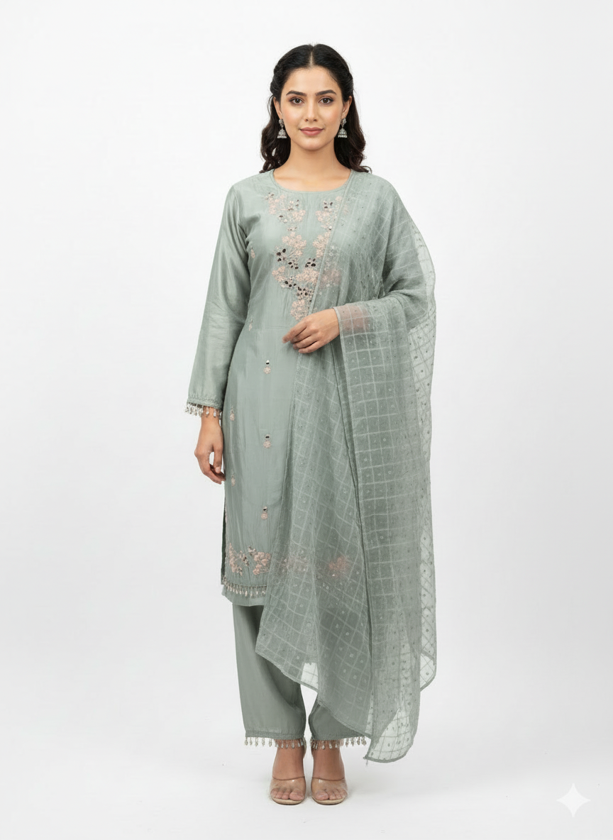 Mirror and resham embroidery detailing on fendy fabric suit design