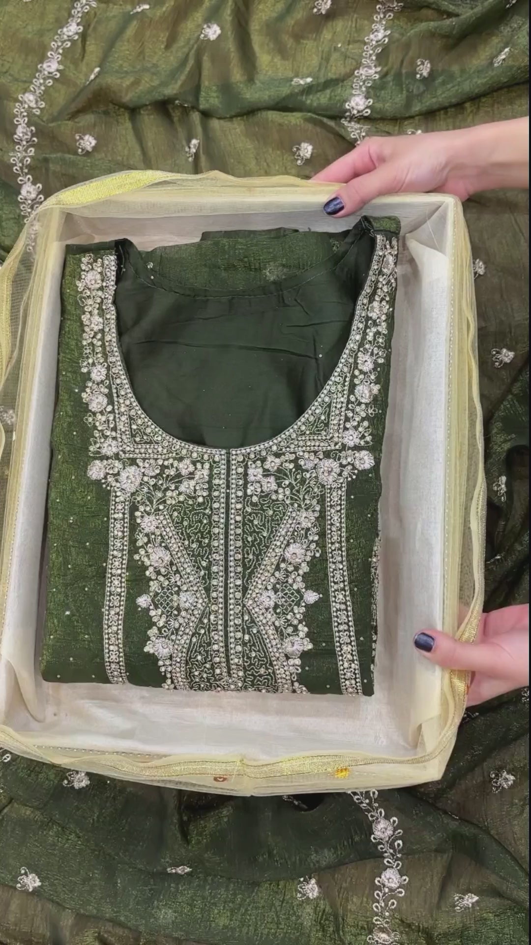 Crunchy Fabric Ready-Made Suit with Zari & Zarkan Work, Pant-Cut Pajama & Dupatta