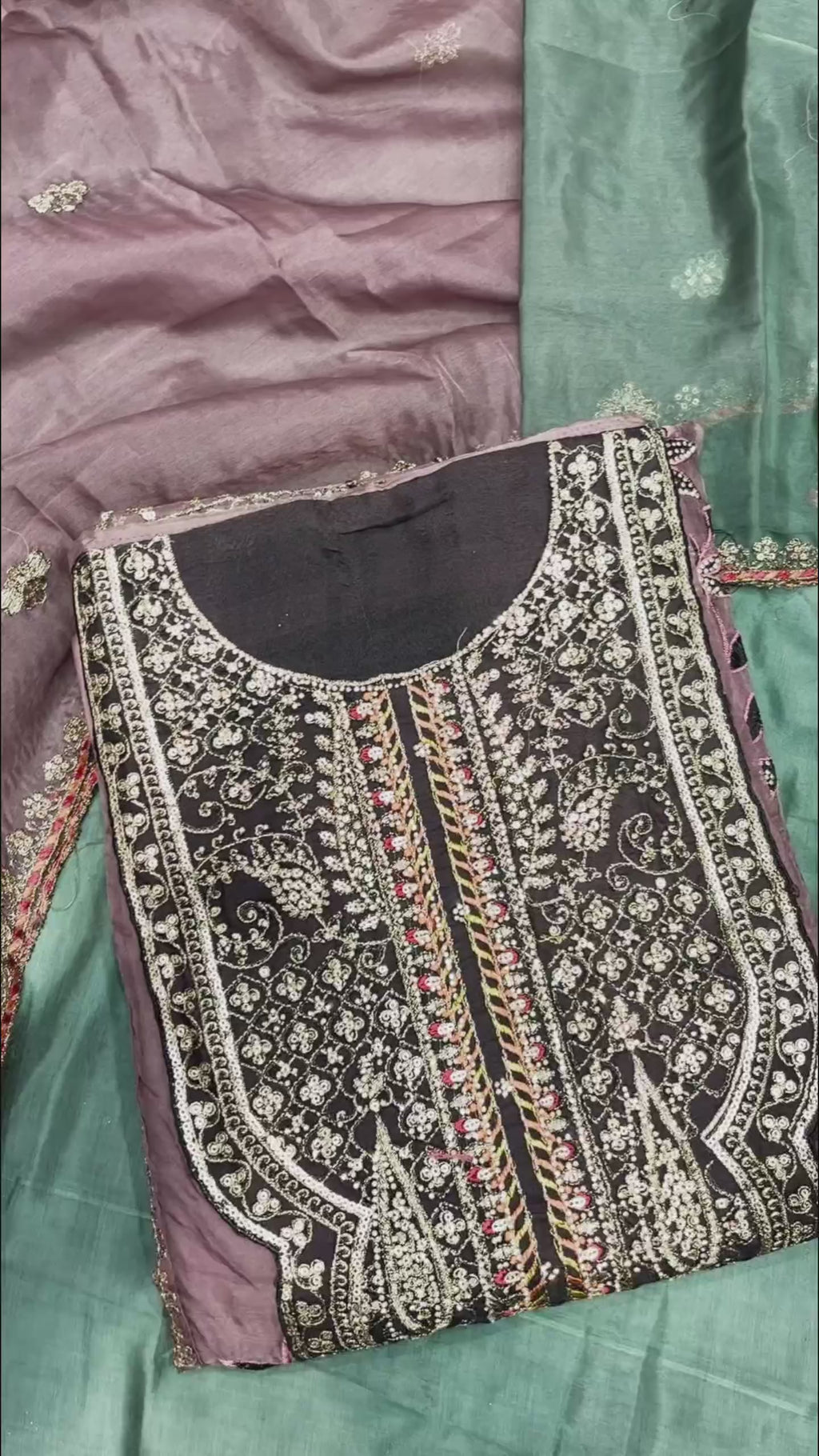 Organza Top Shantoon Bottom Unstitched Suit with Sequin & Zari Work and Worked Dupatta