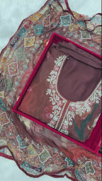 Glass Organza Semi-Stitched Suit Set with Gharara Bottom, Digital Block Print & Zarkan Work