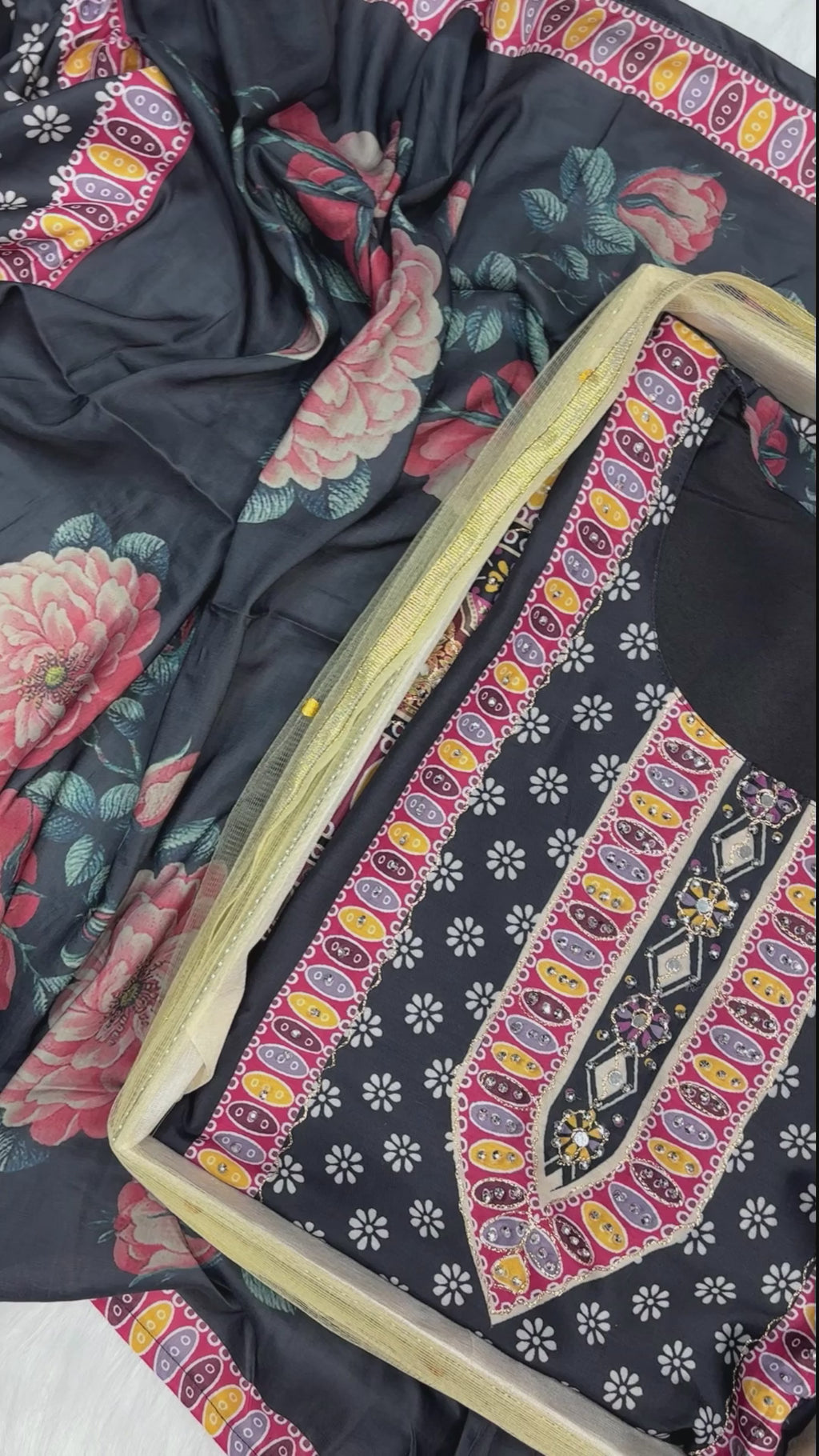 Midnight Bloom Printed Muslin Rayon Suit Set