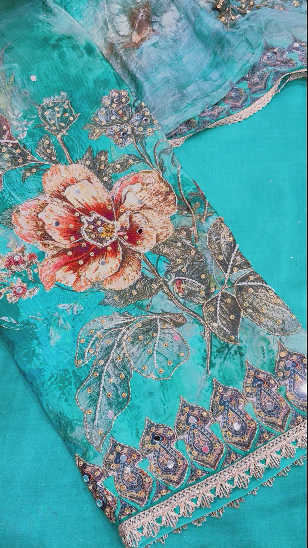 Printed Glass Organza Unstitched Suit Set with Zarkan Work And Worked Dupatta