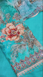 Printed Glass Organza Unstitched Suit Set with Zarkan Work And Worked Dupatta