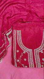 Glass Organza Unstitched Suit with Handcrafted Cutdana, Beads & Zarkan Work